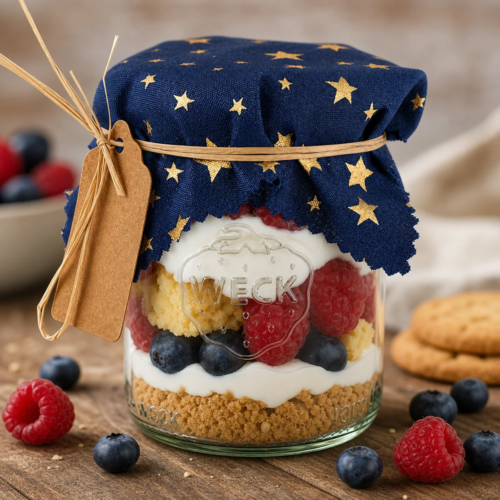 Kankainen korusilppu sininen "tähdet" 12cm neliö. Dessert im Glas mit blauem Sternen-Stoffdeckchen, Beeren-Trifle dekorativ abgedeckt, festliche Präsentation für Gäste