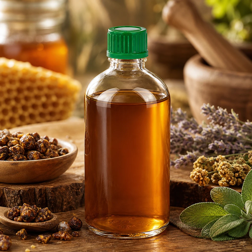 Propolis-tinktuura läpinäkyvässä 100 ml:n ClearLine UT18/100 -pullossa, jossa on vihreä korkki