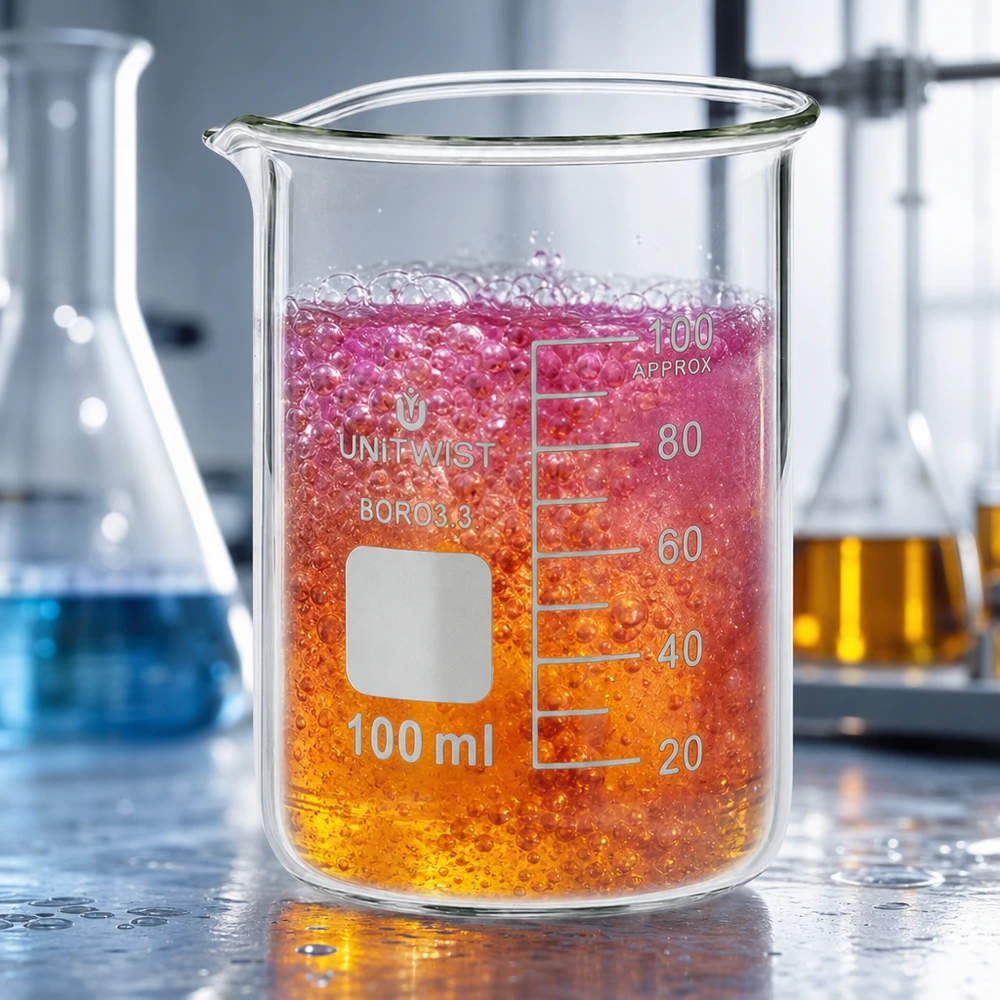 100 ml borosilikaattilasi, matala muotti UNiTWIST 100 ml:n matala koeputki, jossa on oranssinpunainen reaktioliuos ja kuplien muodostumista UNiTWIST