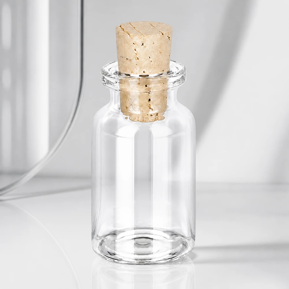 Kirkas lasipullo 10ml korkilla 11/14mm. Wiederverschließbare Klarglas-Flasche 10ml mit fest sitzendem Korken 11/14mm für Flüssigkeiten