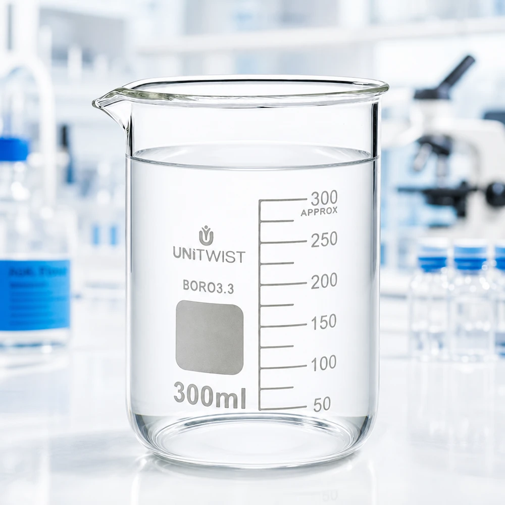 Laboratorion kuva: UNiTWIST-koeputki, 300 ml, borosilikaattilasia, matala malli, mitta-asteikko taustalla, mikroskooppi