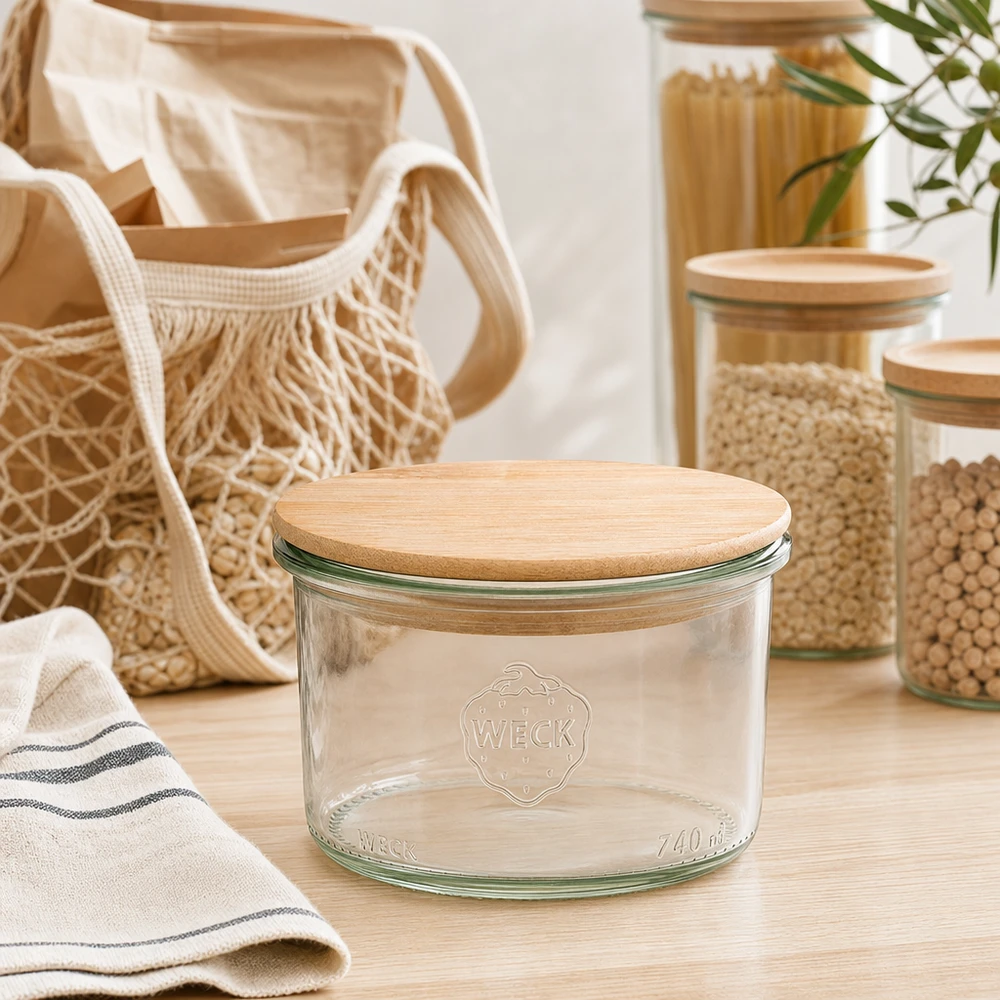 200ml WECK RR80 -mukit, joissa on puinen kansi WECK Sturzglas 200ml mit Holzdeckel in moderner Zero-Waste Küche mit Vorratsgläsern und nachhaltigen Textilien