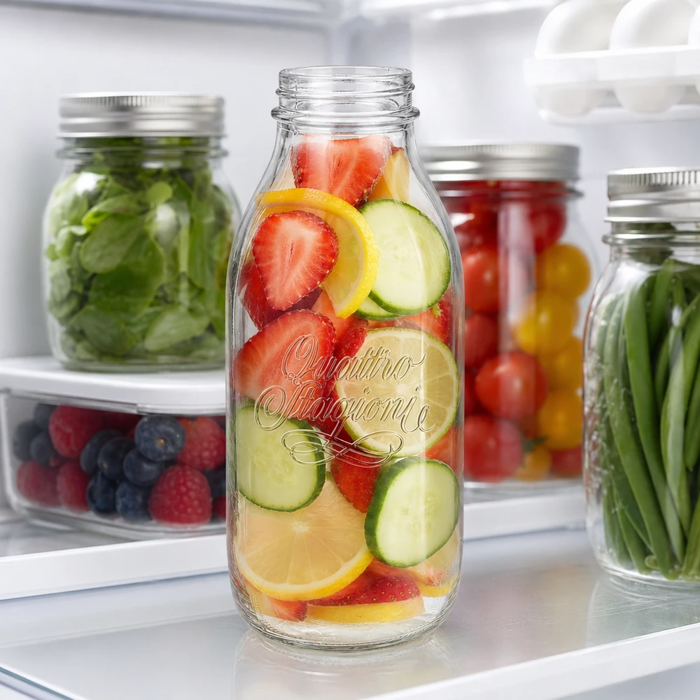 1000ml lasipullo "Quattro Stagioni" QS56mm 1000ml lasipullo "Quattro Stagioni" QS56mm Quattro Stagioni 1000ml Weithalsflasche mit Obst und Gemüse im Kühlschrank für Infused Water und Meal Prep