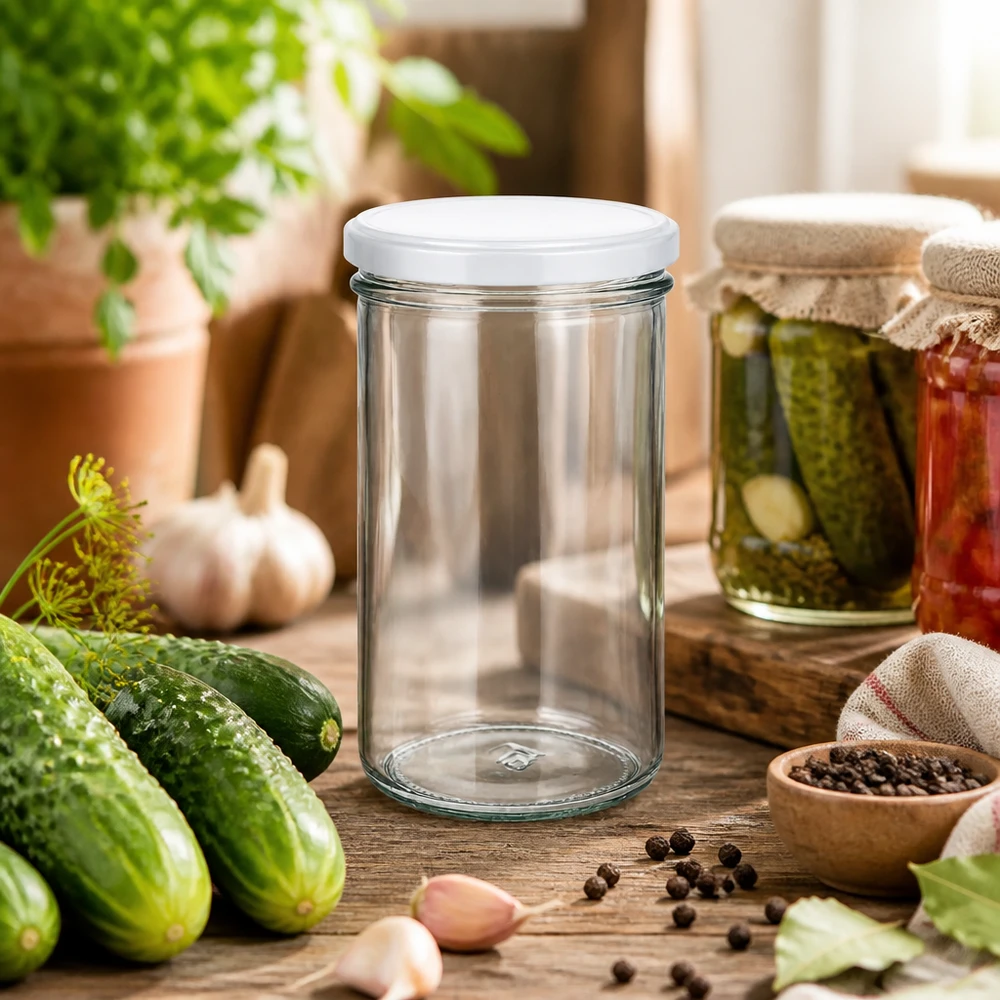 277ml muuripurkki BasicSeal-kannella valkoinen UNiTWIST 277ml Sturzglas in rustikaler Küchenszene mit Gurken und Gewürzen - vielseitiges Einmachglas für Pickles