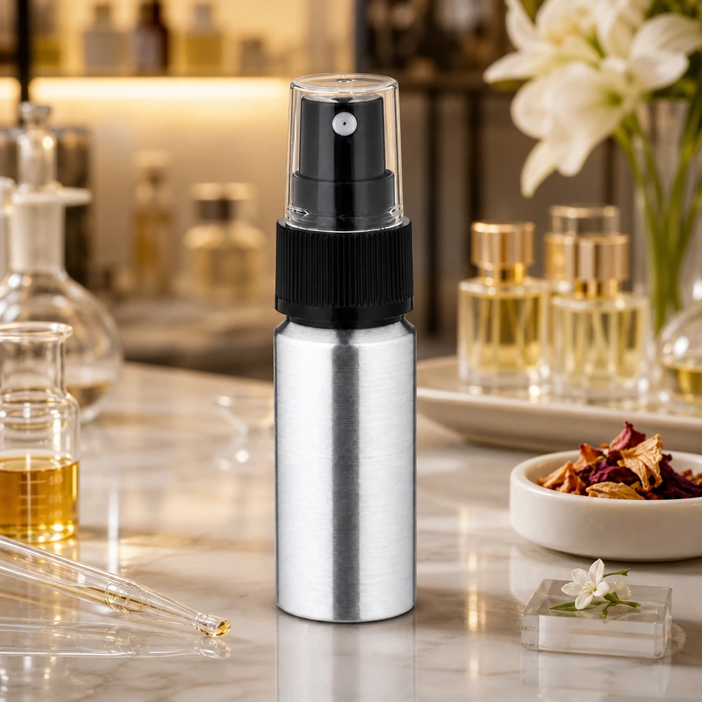 20ml kiillotettu alumiinipullo, jossa on sumutin. Hopeinen 20ml alumiinipullo sumuttimella - ihanteellinen matkakoko hajuvesille ja kosmetiikalle.