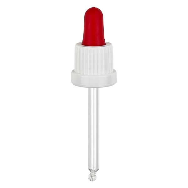 Lasinen tippapipetti valkoinen/punainen 18mm PL66 väärentämisen estävä sulkulaite Lasinen tippapipetti valkoinen/punainen 18mm PL66 väärentämisen estävä sulkulaite
