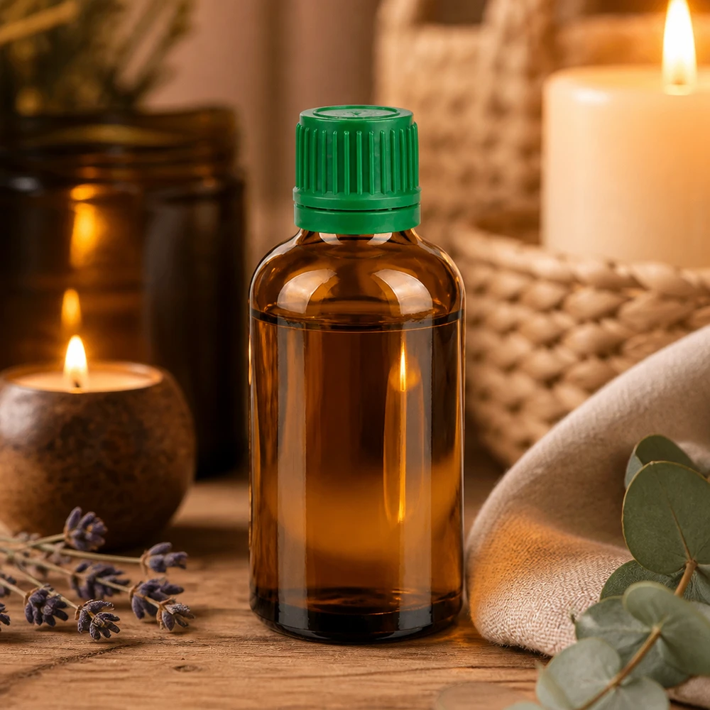 Tyylikäs meripihkanvärinen lasipullo 50ml, jossa on tyylikäs muotoilu ammattimaiseen tuote-esittelyyn.