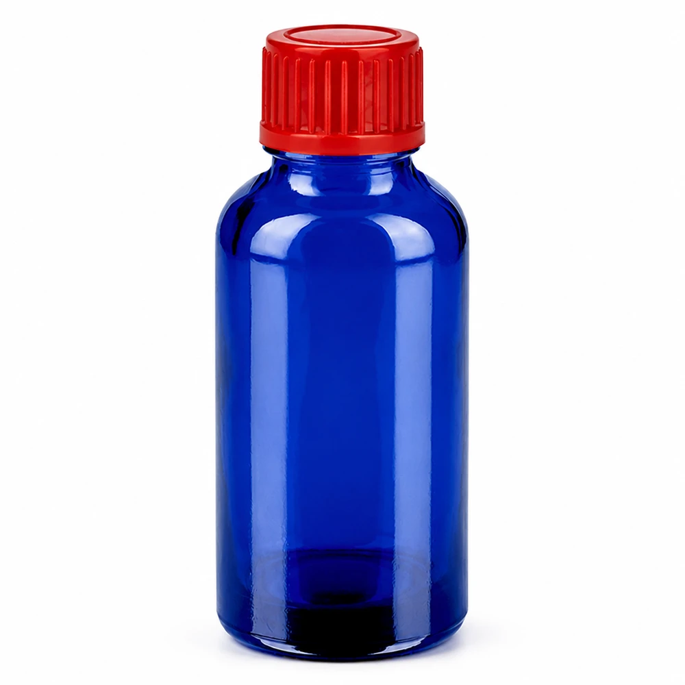 30ml sininen lasipullo punaisella ruuvikorkilla kosmetiikkaan ja lääkkeisiin
