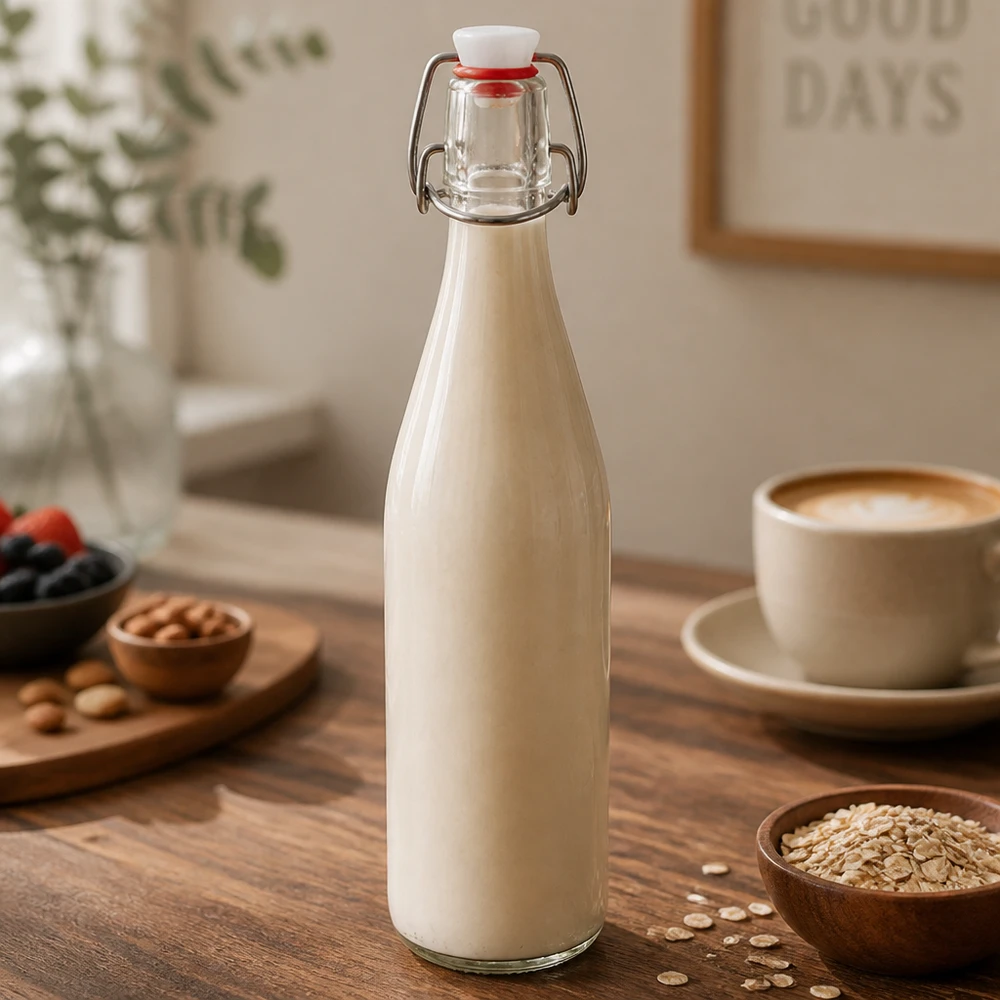 500ml lasipullo + keinuposliini UNiTWIST UNiTWIST Kauramaidolla täytetty 500ml lasipullo puupöydällä kahvikupin ja kaurahiutaleiden vieressä.