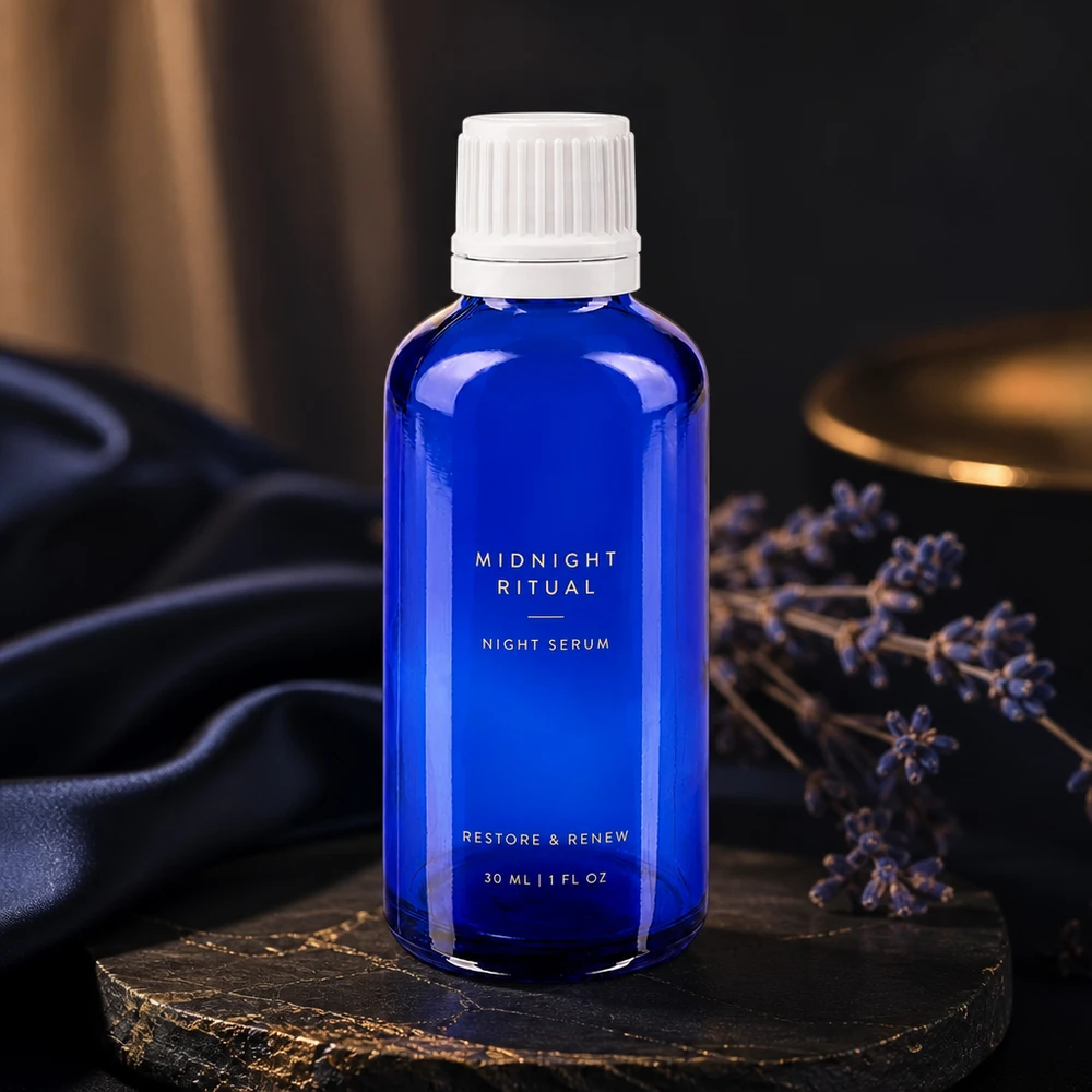 Apteekkipullo sininen 50ml ruuvikorkki valkoinen väärentämisen varmentava sulkeminen. Sininen 30 ml:n lasipullo, jossa on valkoinen lapsiturvallinen korkki, tummalla kivijalustalla