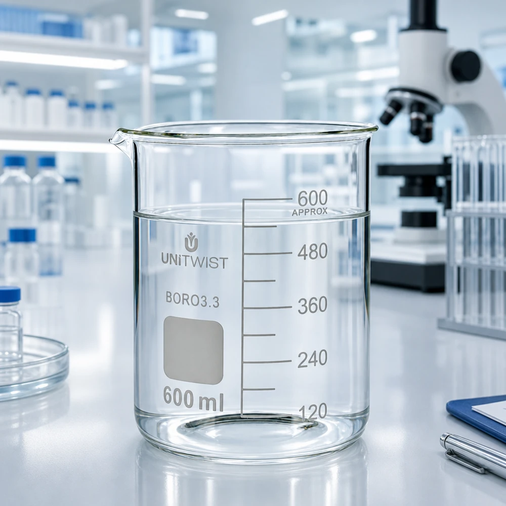 600 ml borosilikaattilasi, matala muotti UNiTWIST UNiTWIST-mitta-astia, 600 ml, borosilikaattilasia 3.3, läpinäkyvä, merkintäkentällä, modernissa laboratoriossa