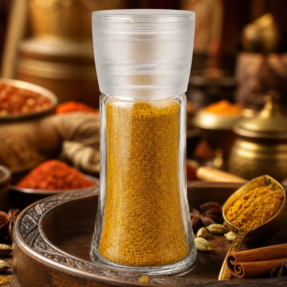 95 ml:n Vario-maustepurkki, jossa on valkoinen mylly ja joka on täytetty keltaisella curryjauheella, itämaisen tyylin mukaisesti