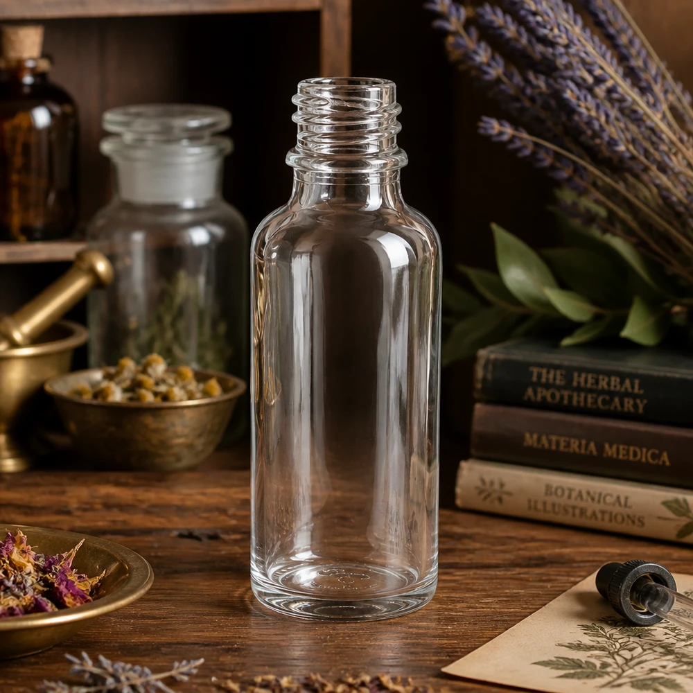 Kirkas lasipullo 30ml DIN 18 30ml kirkas lasipullo ApoGlas DIY luonnonkosmetiikkaan ja kotitekoisiin korjaustoimenpiteisiin.