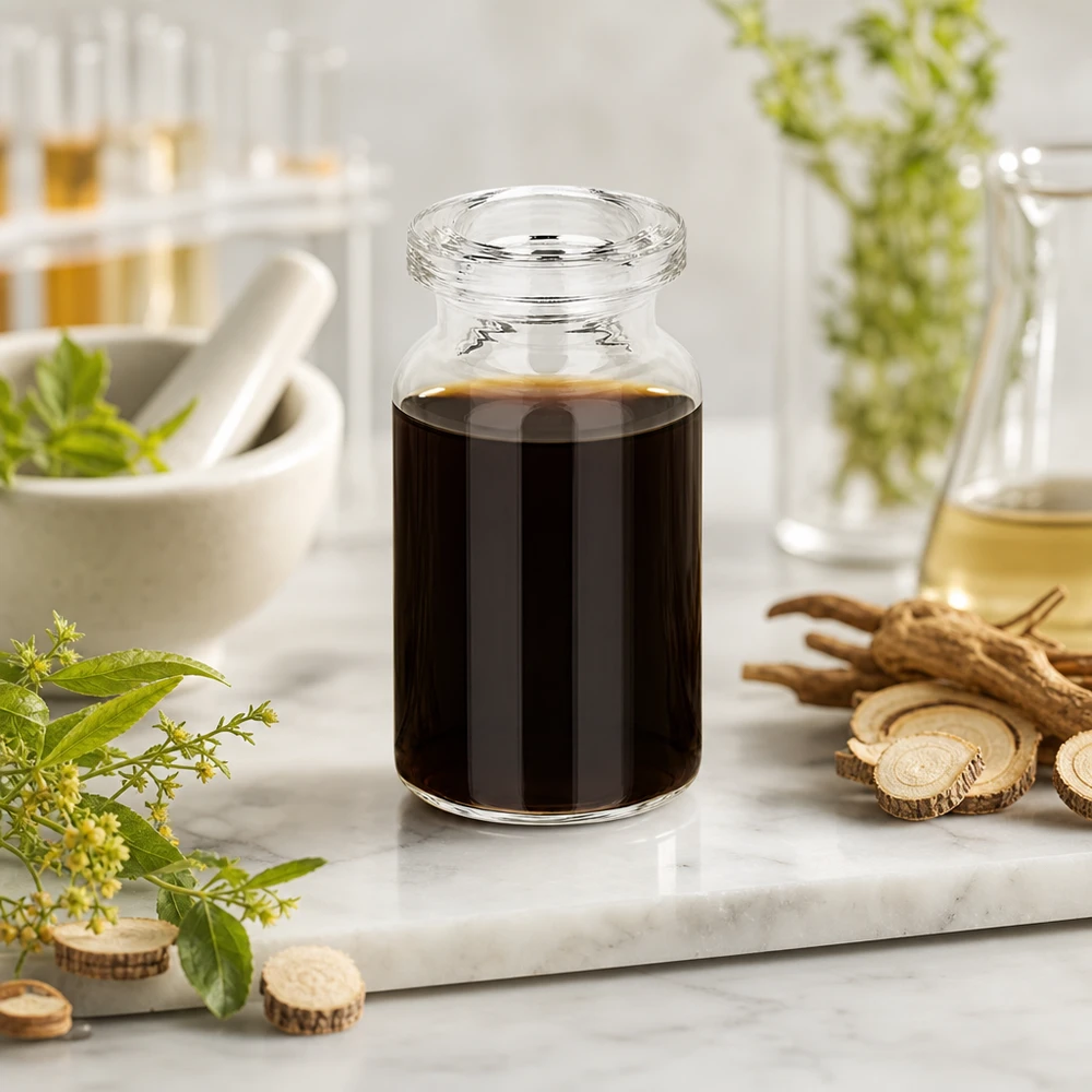 Klarglas Injektionsflasche 5ml für Naturextrakte mit Likörwurzel und grünen Kräutern dekoriert