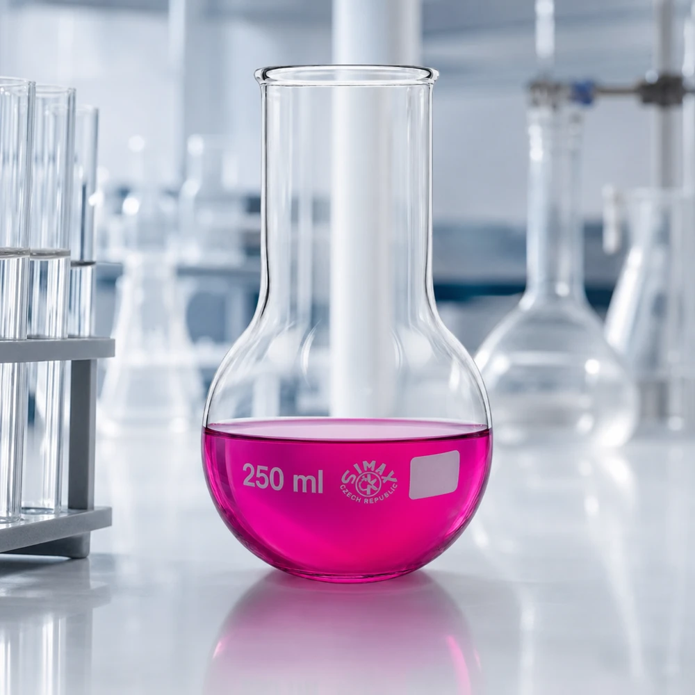 250 ml:n laajasuinen laboratoriokolvi, jossa on vaaleanpunaista nestettä kemiallisiin kokeisiin.