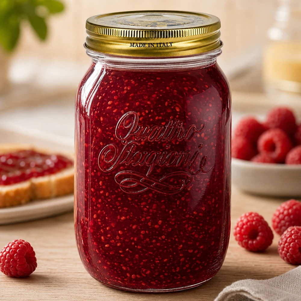 1000ml Quattro Stagioni -purkki täynnä vadelmahilloa, jota ympäröivät tuoreet vadelmat Italialainen säilöntäpurkki