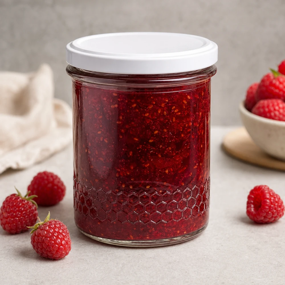 560g Honigglas + BasicSeal Deckel weiß UNiTWIST 400ml hunajapurkki hillopurkki mansikkahillolle, joka on täytetty tuoreilla mansikoilla koristeelliseen keittiökäyttöön.