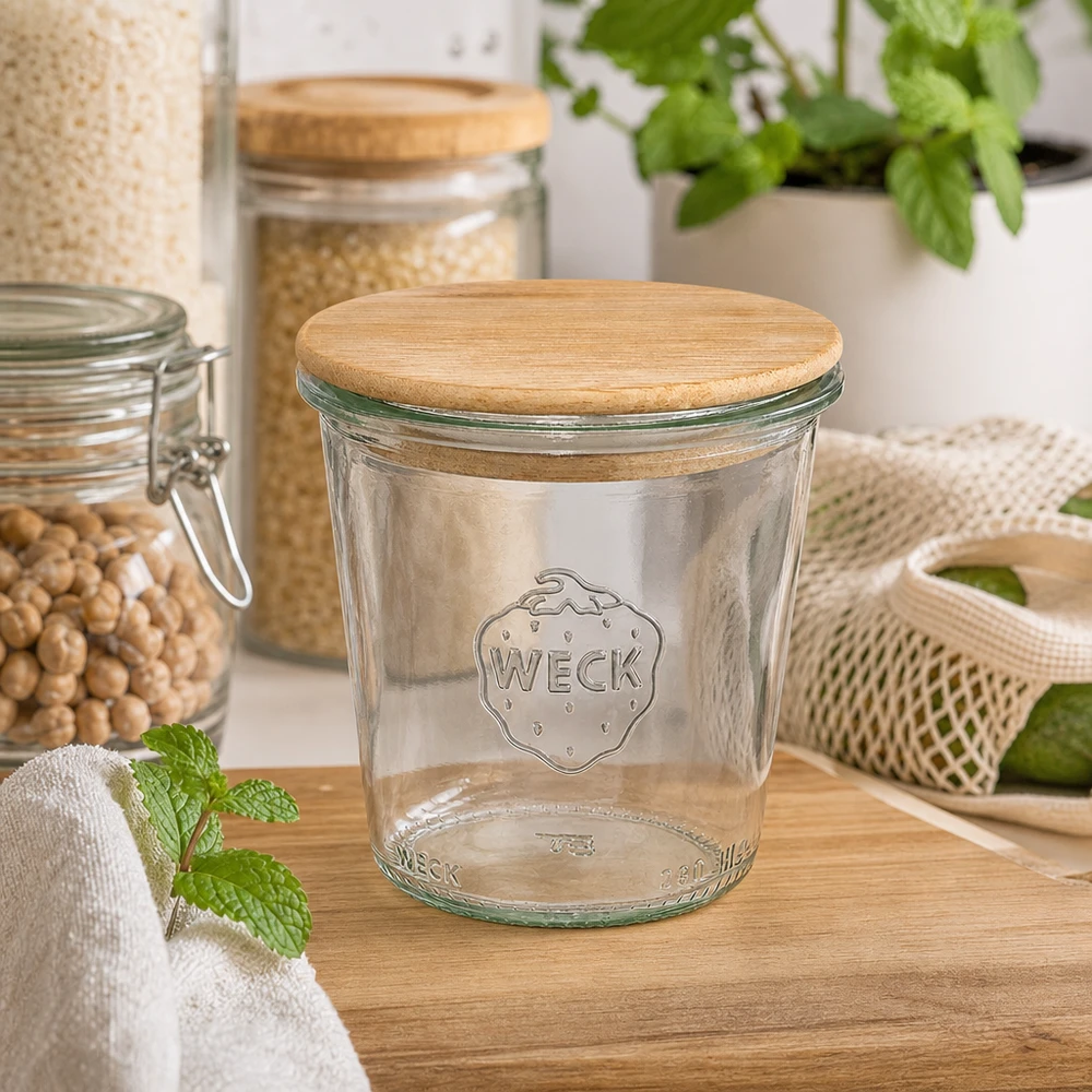 290ml korkea lasipurkki WECK RR80, jossa on puinen kansi WECK tumblers 290ml RR80 puukannella kestävässä keittiössä, jossa on säilytyspurkit yrttejä ja luonnonmateriaaleja.