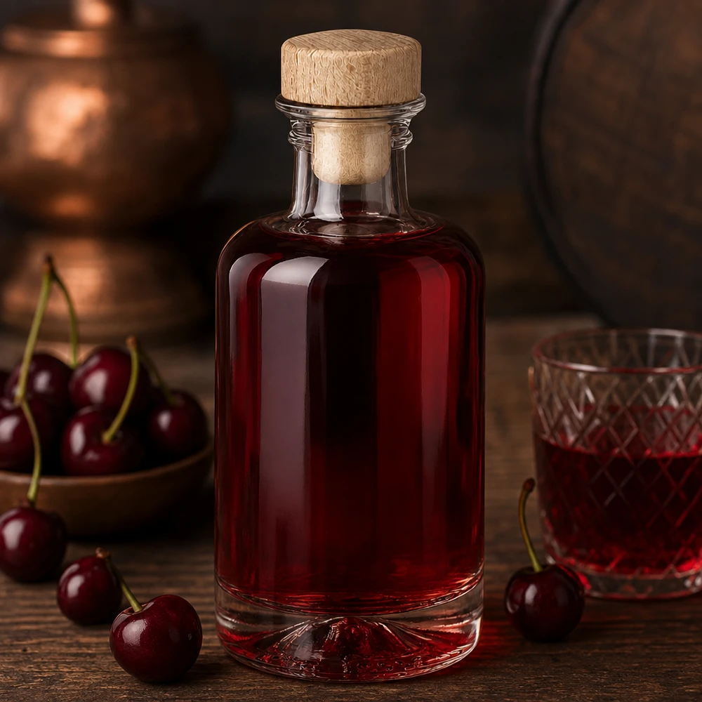 100ml Glasflasche "Sofia" mit Holzgriff-Korken UNiTWIST 100ml Glasflasche Sofia mit Holzkorken gefüllt mit rotem Kirschlikör neben frischen Kirschen rustikale Küche