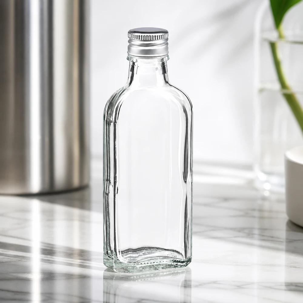 100 ml Meplat kirkas alumiinikorkilla hopea PP22 Läpinäkyvä Meplat-lasipullo, 100 ml, hopeisella alumiinikannella PP22, marmoripohjalla