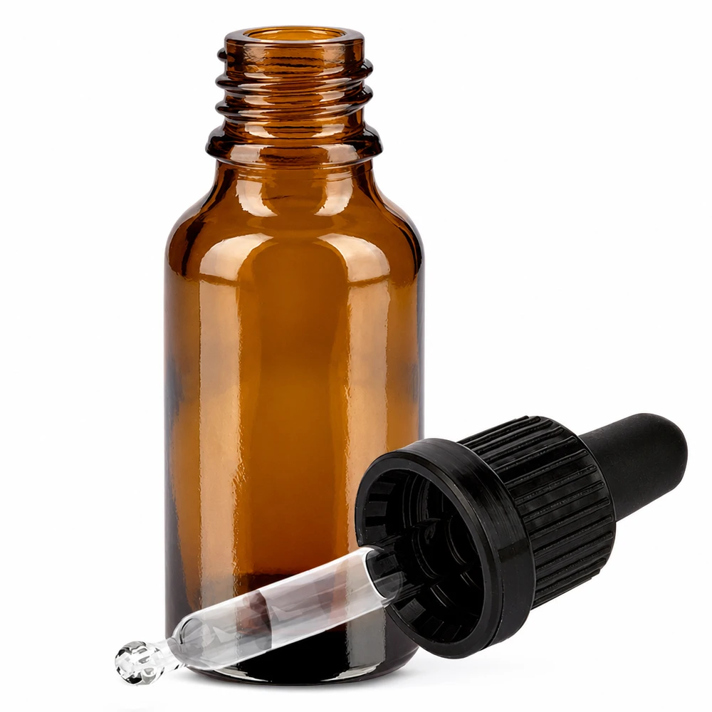 20ml pipettipullo musta tamper-evident-suljin BrownLine UT18/20 Meripihkanvärinen 20 ml:n lasipullo pipetillä ja mustalla kierrekorkilla tarkkaa annostelua varten.
