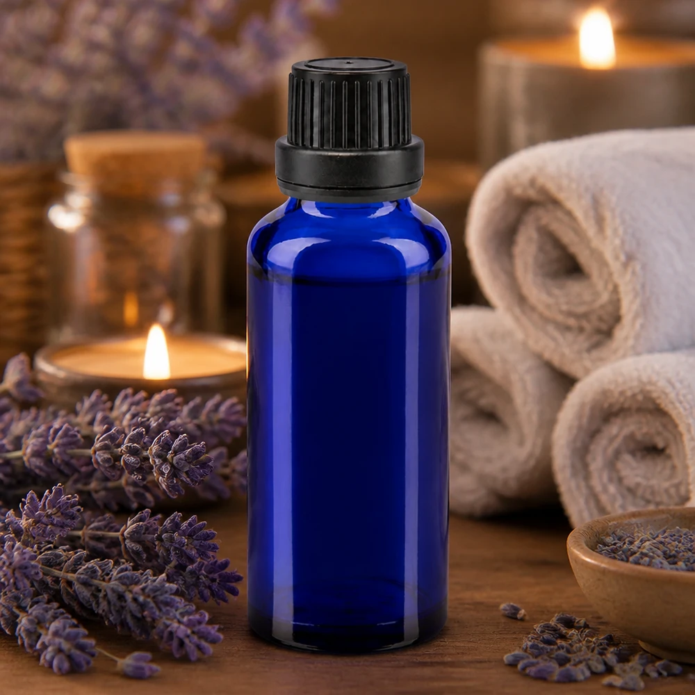 Apteekkipullo sininen 30ml ruuvikorkki musta sinetöivä sisus tamper evident sulkeminen Sininen 30 ml:n lasipullo, jossa on tippakorkki, laventeliöljyä ja aromaterapiaa varten