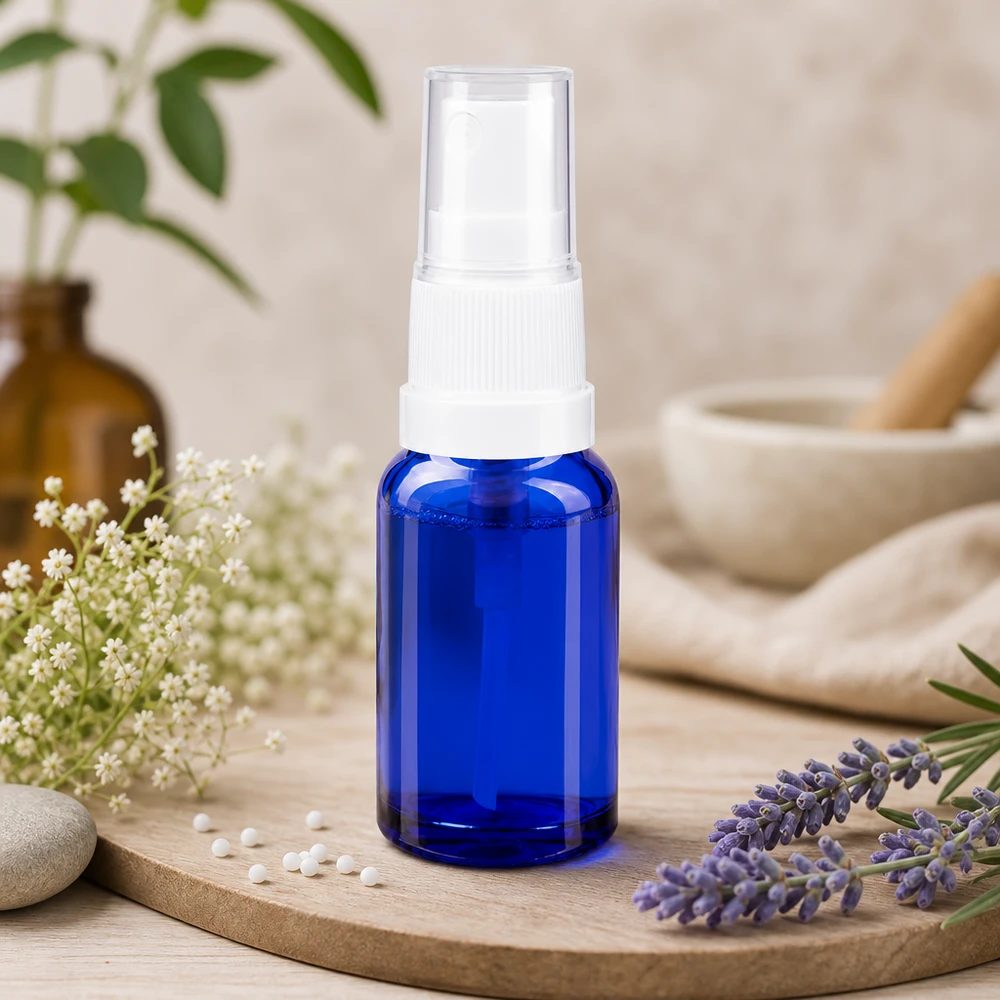 Apteekkipullo sininen 10ml ruiskukorkki valkoinen Koboltinsininen 10 ml:n minipullo UV-suojalasista, jossa on valkoinen sumutuskärki puupohjalla
