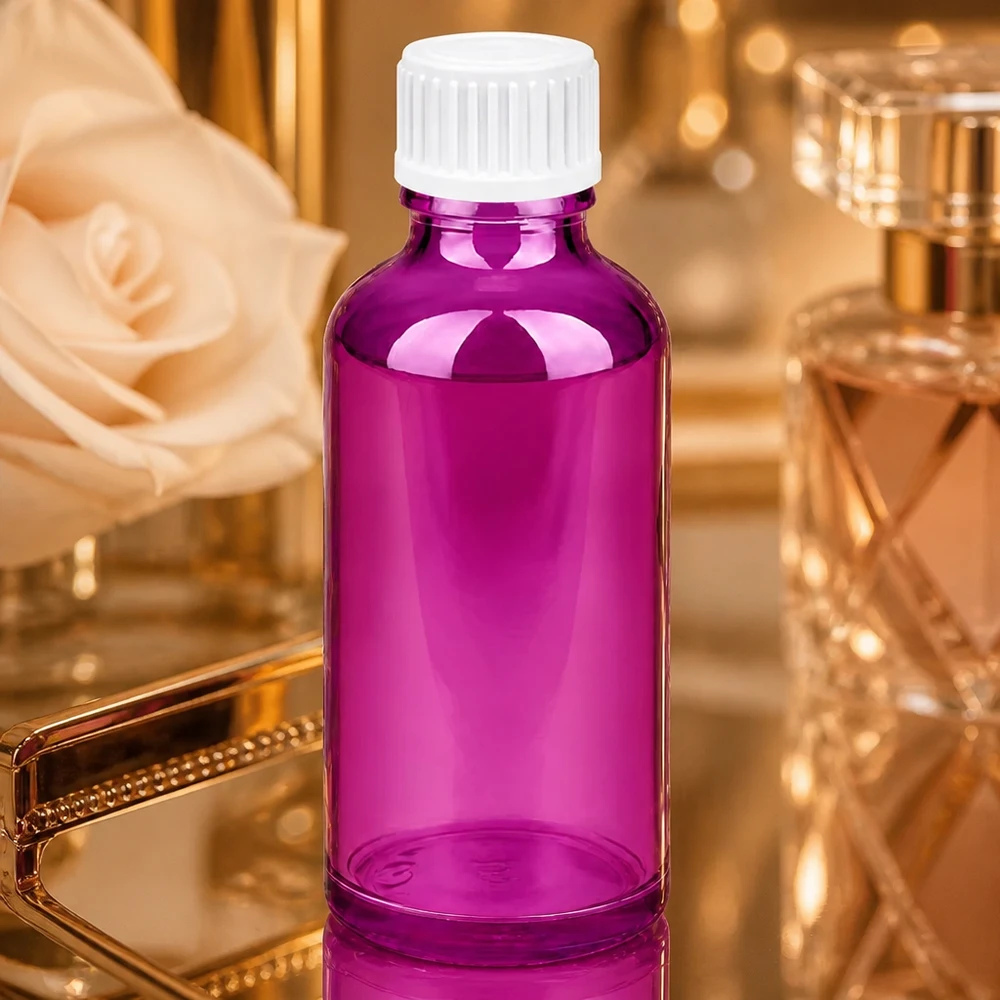 Laadukas 50 ml:n lasipullo, jossa on 18 mm:n kierre, läpinäkyvä violetti, farmaseuttisiin sovelluksiin.