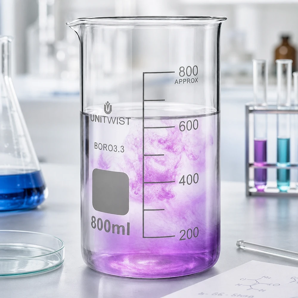 800 ml:n borosilikaattilasi, korkea muotti UNiTWIST 800 ml:n korkea UNITWIST-mitta-astia, jossa on violettia nestettä laboratoriossa; borosilikaattilasia