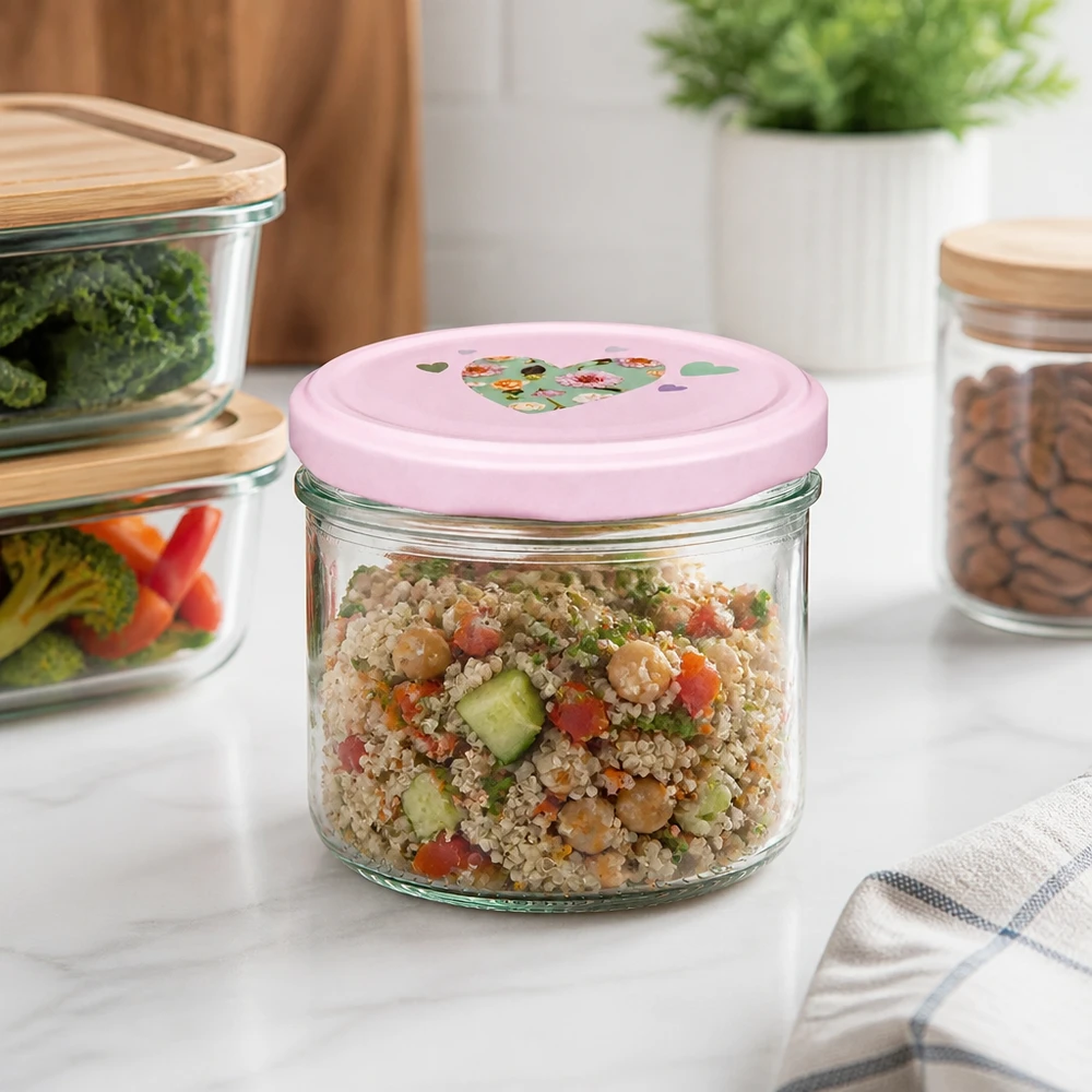 230ml Zylinderglas mit rosa Herz-Deckel in moderner Küche, ideal für Quinoa-Salat und gesunde Meal-Prep-Gerichte