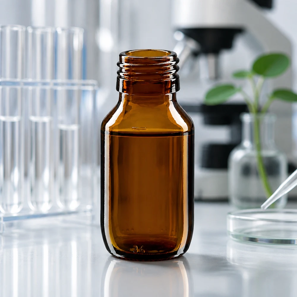 50ml lääkepullo ruskea, ilman korkkia PP28 ApoGlas Pieni 50 ml:n apteekkipullo meripihkalasista ilman kantta PP28-kierre laboratoriosovelluksiin.