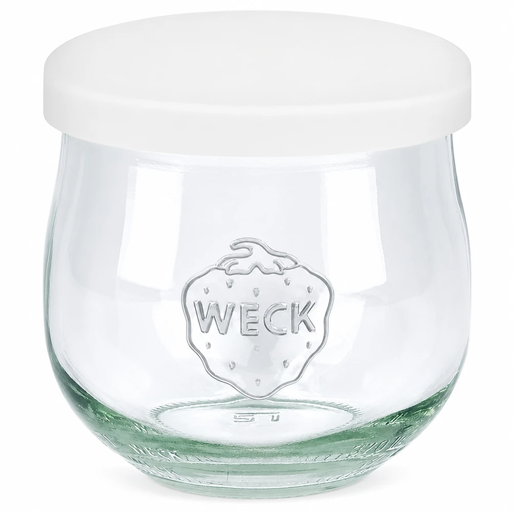 WECK tulppaanipurkki 370ml valkoisella silikonikannella Säilöntäpurkki, jossa on kohokuvioitu WECK-logo