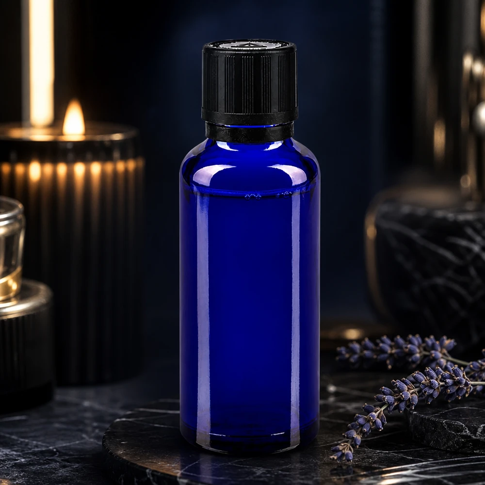 Apteekkipullo sininen 30ml tippapullon korkki kaadinrengas 1mm musta lapsilukko sokea varoitussymboli peukaloinnin estävä sulkeminen. Sininen 30 ml:n lasipullo, jossa on musta kierrekorkki ja lapsiturvallinen suljin eteerisille öljyille