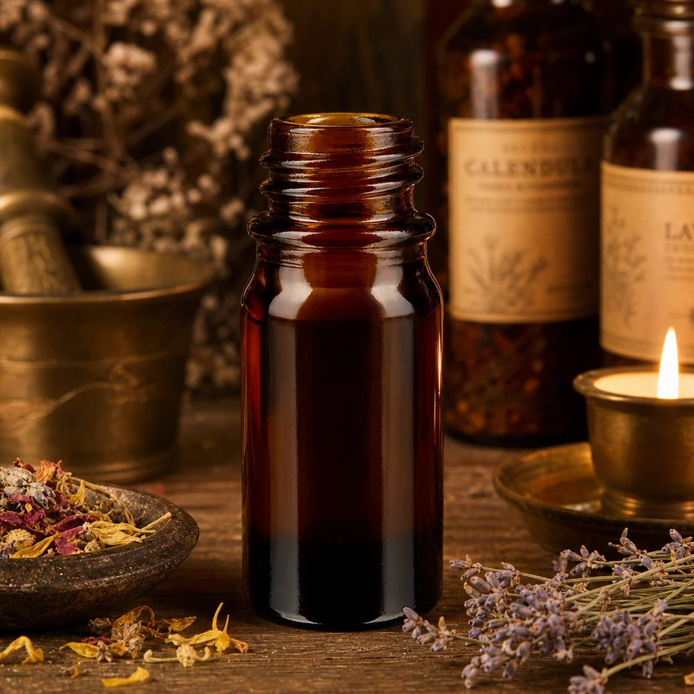 Tippapullo 5 ml DIN 18, joka on valmistettu meripihkalasista. 5ml ruskea lasipullo ApoGlas lääkekasvien kanssa laastari ja kynttilä luonnollisessa apteekin ilmapiirissä.