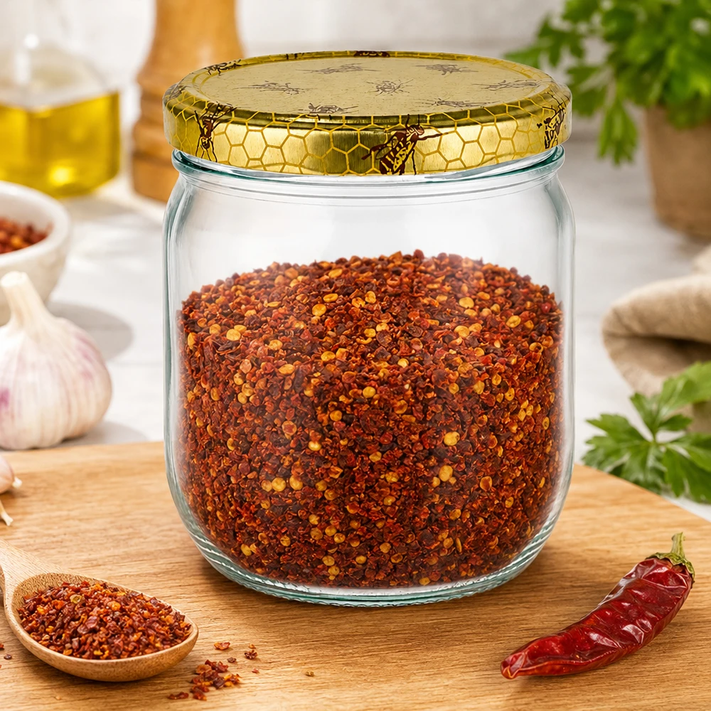 500g Honigglas mit Bienenwabe Deckel BasicSeal UNiTWIST 500 gramman hunajapurkki, jossa on hunajakennokansi ja joka on täytetty chilimausteseoksella keittiössä puulauta päällä