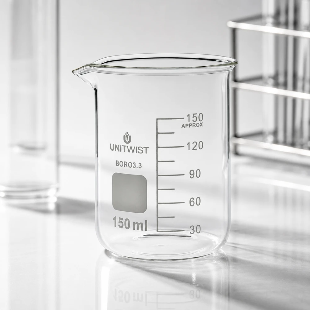UNiTwist-mitta-astia 150 ml, borosilikaattilasia 3.3, matala malli, tyhjä, valkoisella laboratoriopinnalla