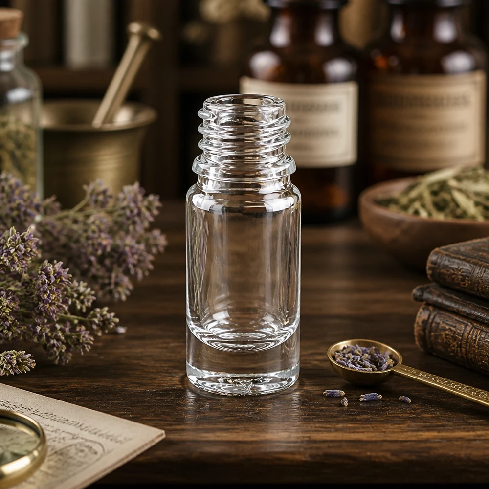 Kirkas lasipullo 5ml DIN 18 Tyhjä 5ml ApoGlas apteekkipullo, jossa on kierteitetty kaula eteerisiä öljyjä ja esansseja varten.