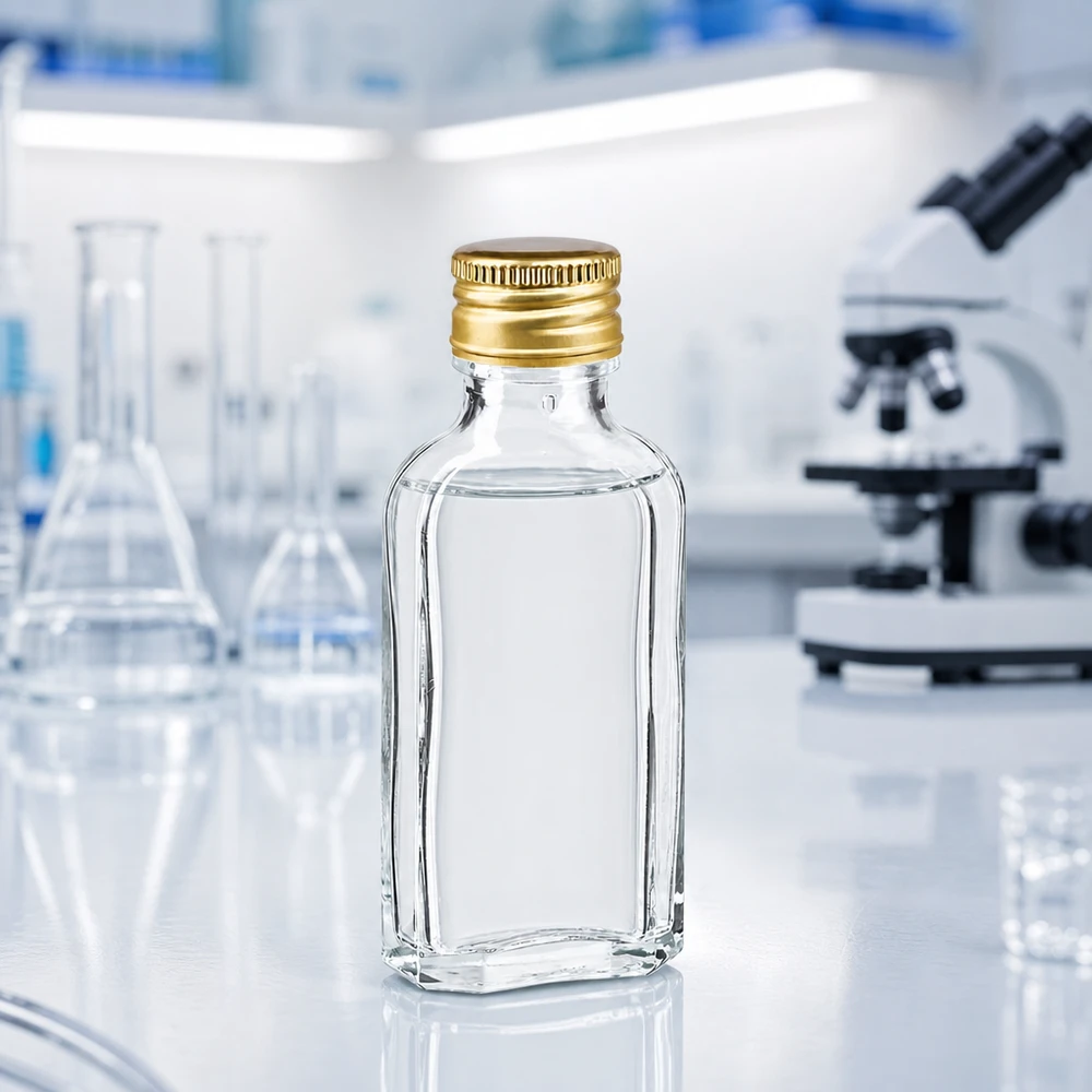 Läpinäkyvä 50 ml:n lasipullo, litteä Meplat-muoto, kultaisella alumiinisella PP22-kierrekorkilla, laboratoriossa
