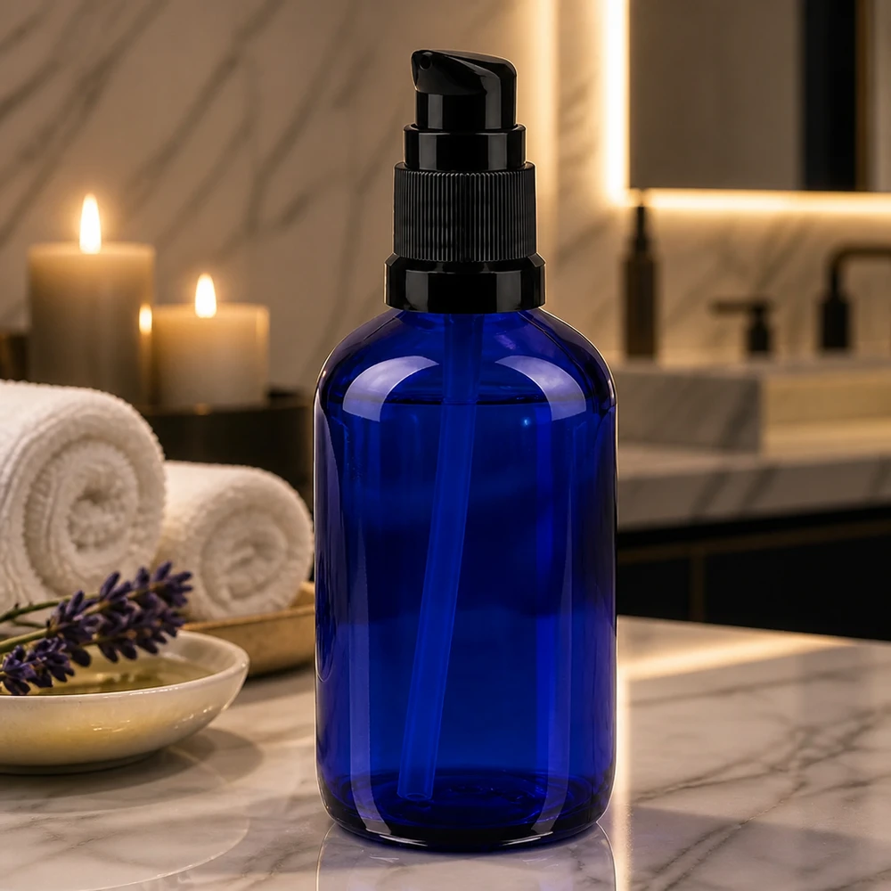Apteekkipullo sininen 100ml pumppukorkki musta standardi Tyylikäs 100 ml:n pumppupullo sinisestä apteekkilasista, jossa on musta annostelija, marmoripinnalla kynttilöiden vieressä