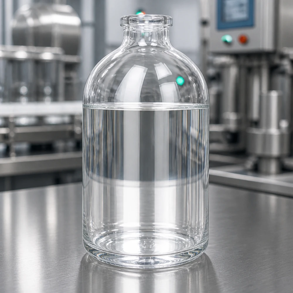 Injektiopullo kirkasta lasia 100ml Medizinische Klarglasflasche 100ml mit flachem Standboden vor industriellem Maschinenhintergrund