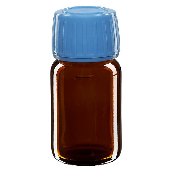 30ml lääkepullo ruskea, sininen korkki, jossa on peukaloinnin estävä rengas ApoGlas 30ml lääkepullo ruskea, sininen korkki, jossa on peukaloinnin estävä rengas ApoGlas