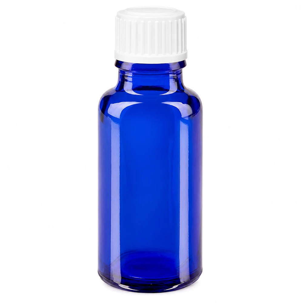 Apteekkipullo sininen 20ml ruuvikorkki valkoinen globen standardi 20 ml:n sininen lasipullo, jossa on valkoinen kierrekorkki, apteekki- ja laboratoriokäyttöön