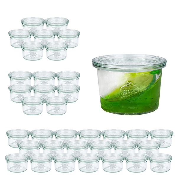 36 Weck-purkin 80 ml:n juomapurkkisetti, jossa on 36 lasikantta.