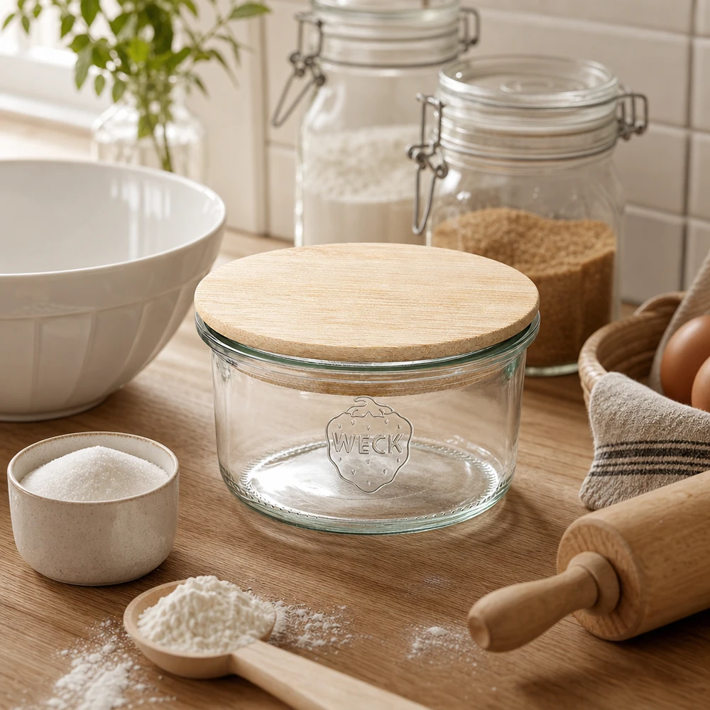165ml WECK RR80 -mukit, joissa on puinen kansi WECK RR80 165ml muuripurkki, jossa on bambukansi, luonnollisessa keittiökuvassa, jossa on leivonta-aineksia ja puisia välineitä.