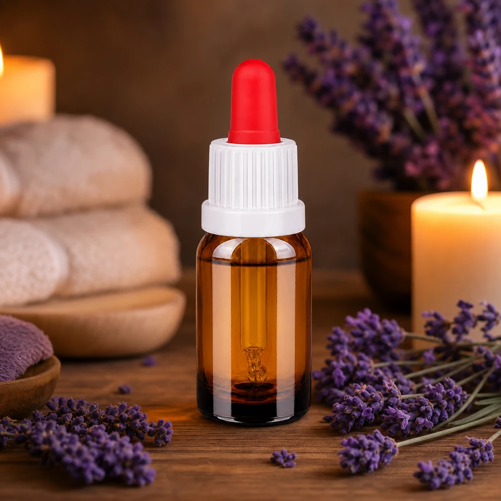 Pieni 10 ml:n pipettipullo kompaktissa koossa, jossa on punainen tiputin aromaterapiasovelluksiin.