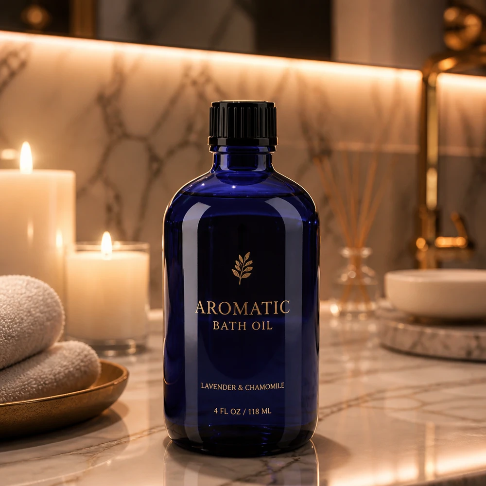 Sininen 100 ml:n lasipullo, jossa on musta tippakorkki, eteerisille öljyille ja aromatuotteille