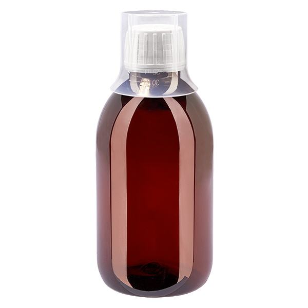 PET-pullo 250ml valkoisella korkilla, jossa on väärentämisen estävä korkki + kuppi PET-pullo 250ml valkoisella korkilla, jossa on väärentämisen estävä korkki + kuppi