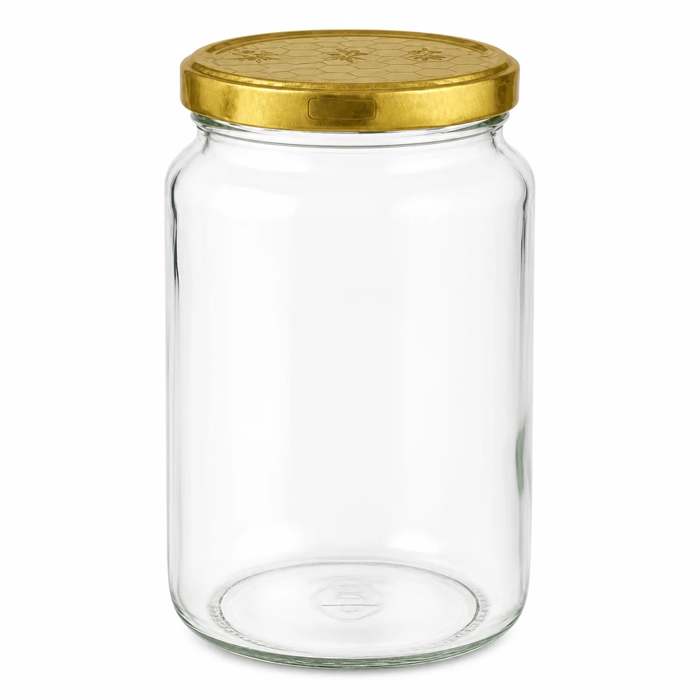 795ml pyöreä purkki + BasicSeal-kansi hunajakenno UNiTWIST 795ml pyöreä purkki kultaisella BasicSeal-kannella, hunajakennomainen UN-suljin hunajalle ja hillolle.