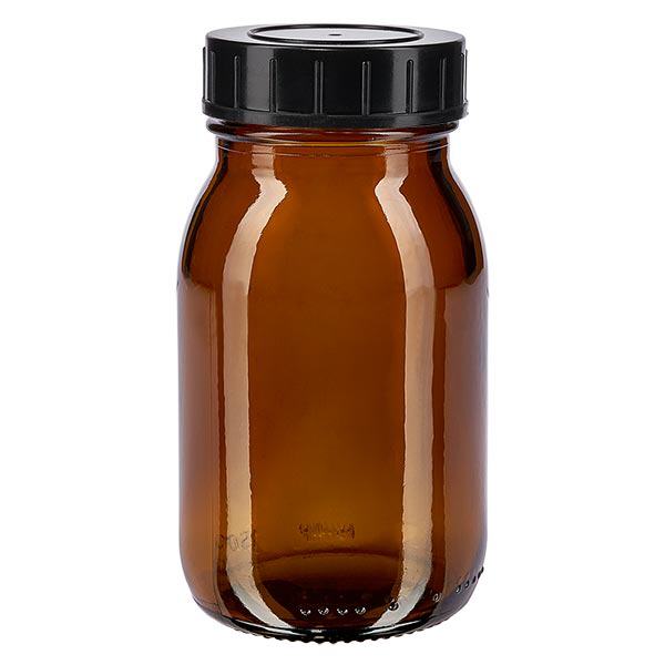 150ml leveäkaulainen pullo meripihkanväristä lasia, jossa on kierrekorkki