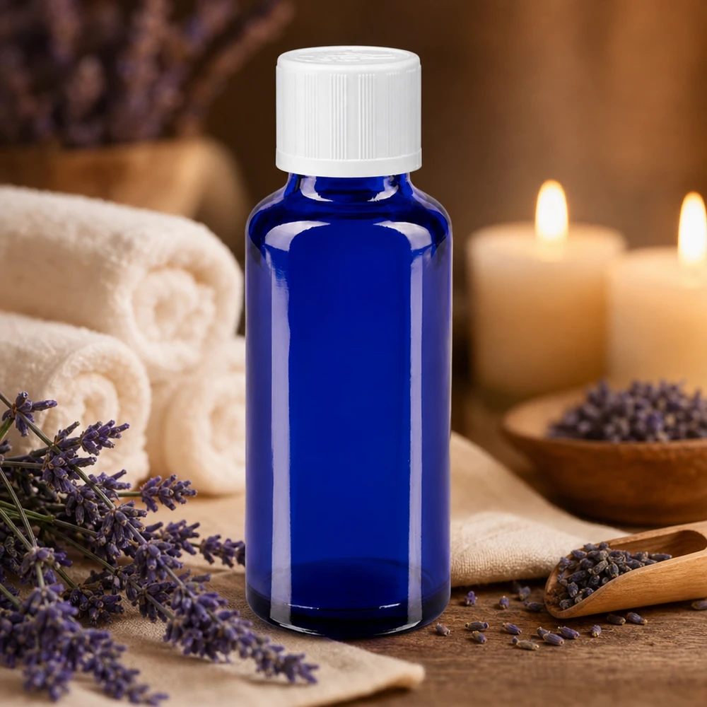 Sininen 30 ml:n lasipullo, jossa on tiputin, ja jota ympäröivät laventelikukat ja aromaterapiakynttilät